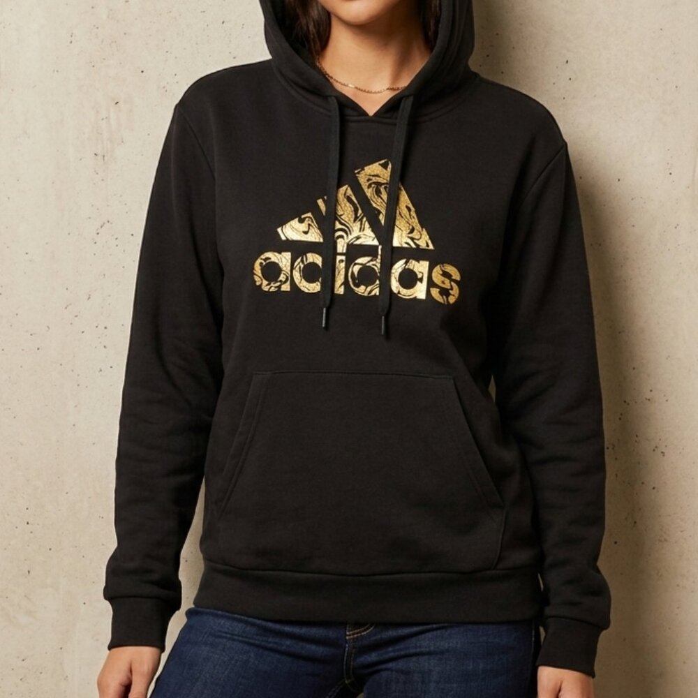 Gold Marble Graphic Logo Adidas Black Cotton Blend Hoodie Size L Large